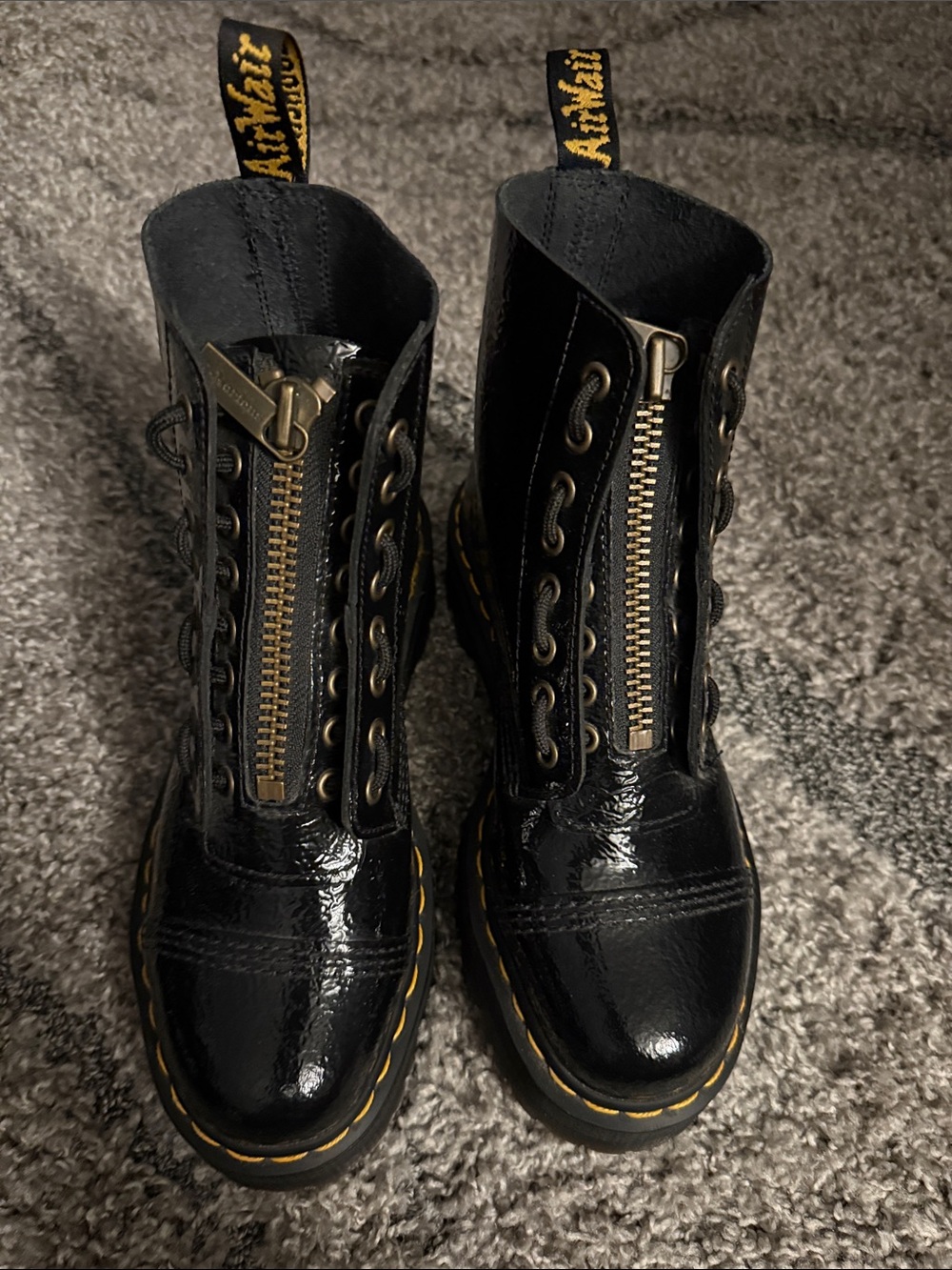 Dr. Martens Black Patent Leather Front-Zip Lace-Up Boots with Yellow Stitching